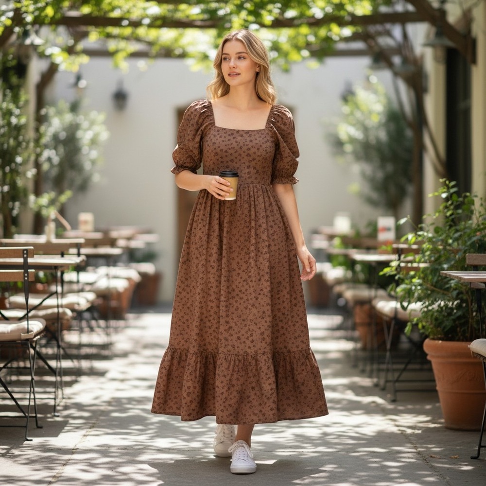 Love Olive Co Maxi Dress Women's XL Brown Floral Puff Sleeve Square Neck Tiered